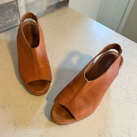 Sorel Nadia Camel Brown Leather Slingbacks Wedge Heeled Sandals - Picture 8 of 16